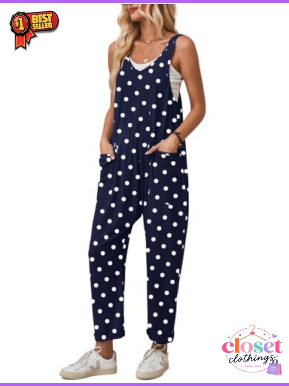 Women's Baggy Overalls Jumpsuit Loose Fit Sleeveless V-Neck Casual Romper - Picture 2 of 5
